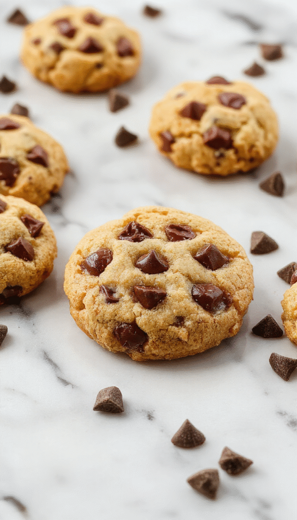 A visually appealing plate of freshly baked chewy chocolate chip cookies with golden-brown edges and gooey chocolate chips visible on top. The cookies are stacked on a rustic wooden surface, with a few broken pieces revealing the soft, chewy interior. The background features a blurred cozy kitchen setting, emphasizing warmth and homemade charm.