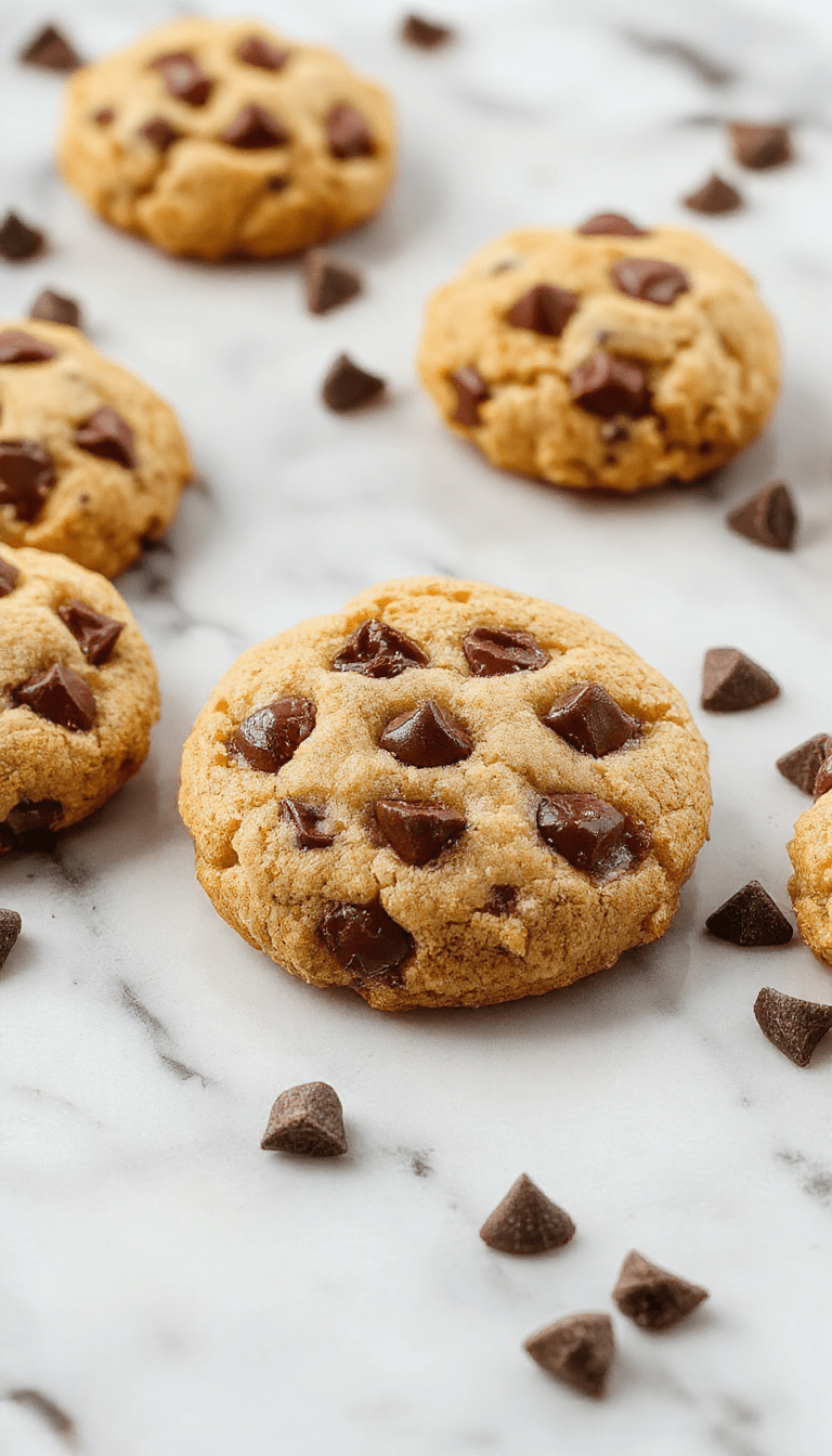 A visually appealing plate of freshly baked chewy chocolate chip cookies with golden-brown edges and gooey chocolate chips visible on top. The cookies are stacked on a rustic wooden surface, with a few broken pieces revealing the soft, chewy interior. The background features a blurred cozy kitchen setting, emphasizing warmth and homemade charm.