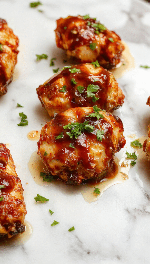 A vibrant plate featuring golden-brown honey garlic chicken garnished with fresh chopped herbs, resting on a rustic wooden platter. The chicken has a glossy, caramelized exterior with visible garlic slices and a drizzle of honey, surrounded by colorful vegetables and a lemon wedge. The scene highlights a perfectly cooked, savory-sweet dish styled for inviting presentation.