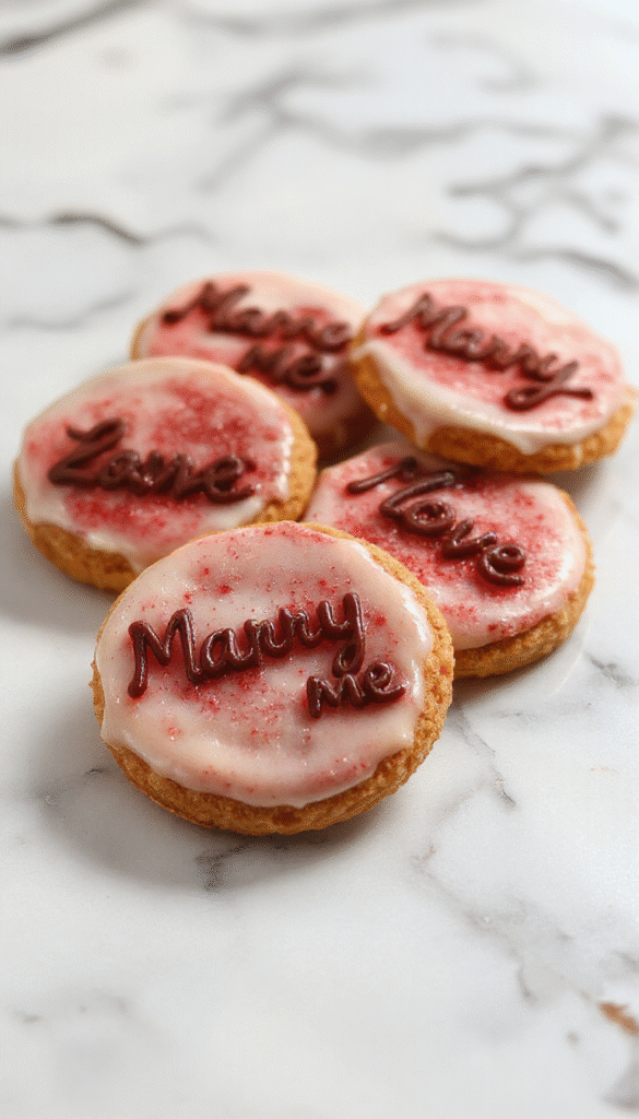 Close-up of golden-brown marry me cookies arranged on a rustic white plate, topped with chocolate chips and sprinkles, with a soft-focus background featuring a cozy kitchen setting and a glass of milk.