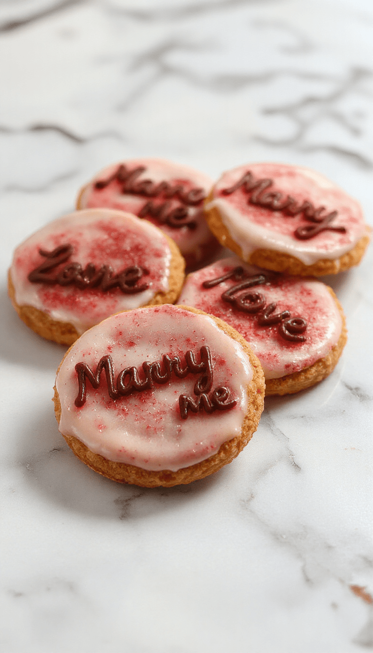 Close-up of golden-brown marry me cookies arranged on a rustic white plate, topped with chocolate chips and sprinkles, with a soft-focus background featuring a cozy kitchen setting and a glass of milk.