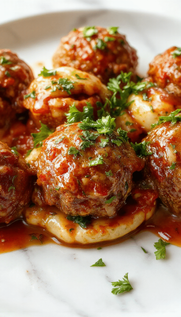 Close-up of golden-brown italian meatballs with a glossy tomato sauce garnished with fresh basil, served on a rustic white plate with a side of pasta and grated cheese, highlighting their juicy and tender texture.