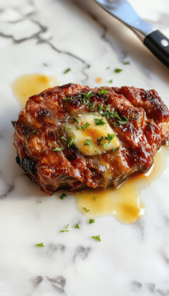A perfectly cooked thick-cut beef steak with a golden-brown crust, topped with a glossy, velvety butter sauce. The steak sits on a white ceramic plate with sprigs of fresh herbs, a side of crispy roasted vegetables, and garnished with cracked black pepper. The background features a rustic wooden table and soft natural lighting, emphasizing the textures and juicy interior of the steak.