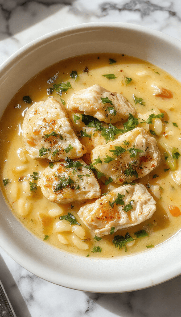 A vibrant bowl of Lemon Chicken Orzo Soup featuring golden shredded chicken, tender orzo noodles, and bright lemon zest garnished with fresh herbs. The soup is served in a rustic white bowl, set on a wooden table with lemon slices and sprigs of parsley, capturing a warm, wholesome culinary scene.