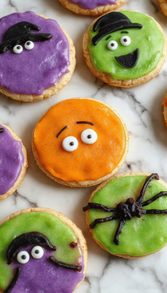 A festive plate of witchy cookies decorated with black and orange icing, ghostly faces, and spiderwebs, set on a dark wooden table with halloween-themed decorations and colorful candies in the background.