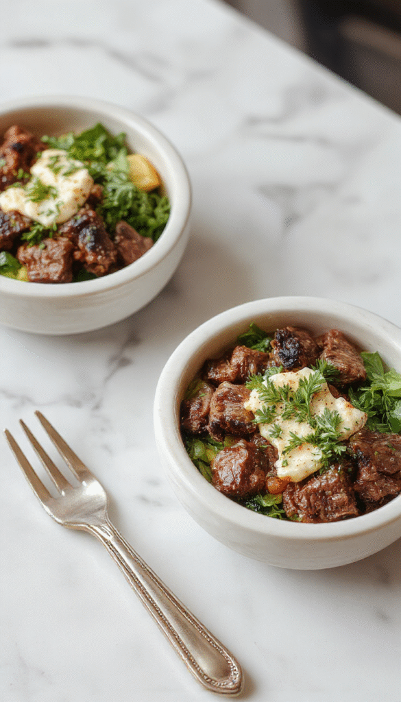 Colorful Mediterranean steak bowls plated beautifully with grilled steak slices, cherry tomatoes, cucumbers, olives, and feta cheese on a rustic wooden table, garnished with fresh herbs and drizzled with olive oil.