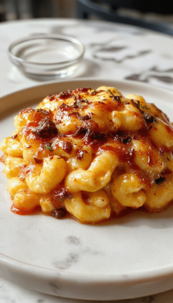 A vibrant plate of Monster Mac and Cheese featuring gooey melted cheese over al dente pasta, topped with crispy breadcrumbs and colorful monster-shaped toppings, served on a rustic white dish with a cheesy sauce drizzling, styled with fresh herbs and a fork ready to dig in, set against a cozy kitchen background.