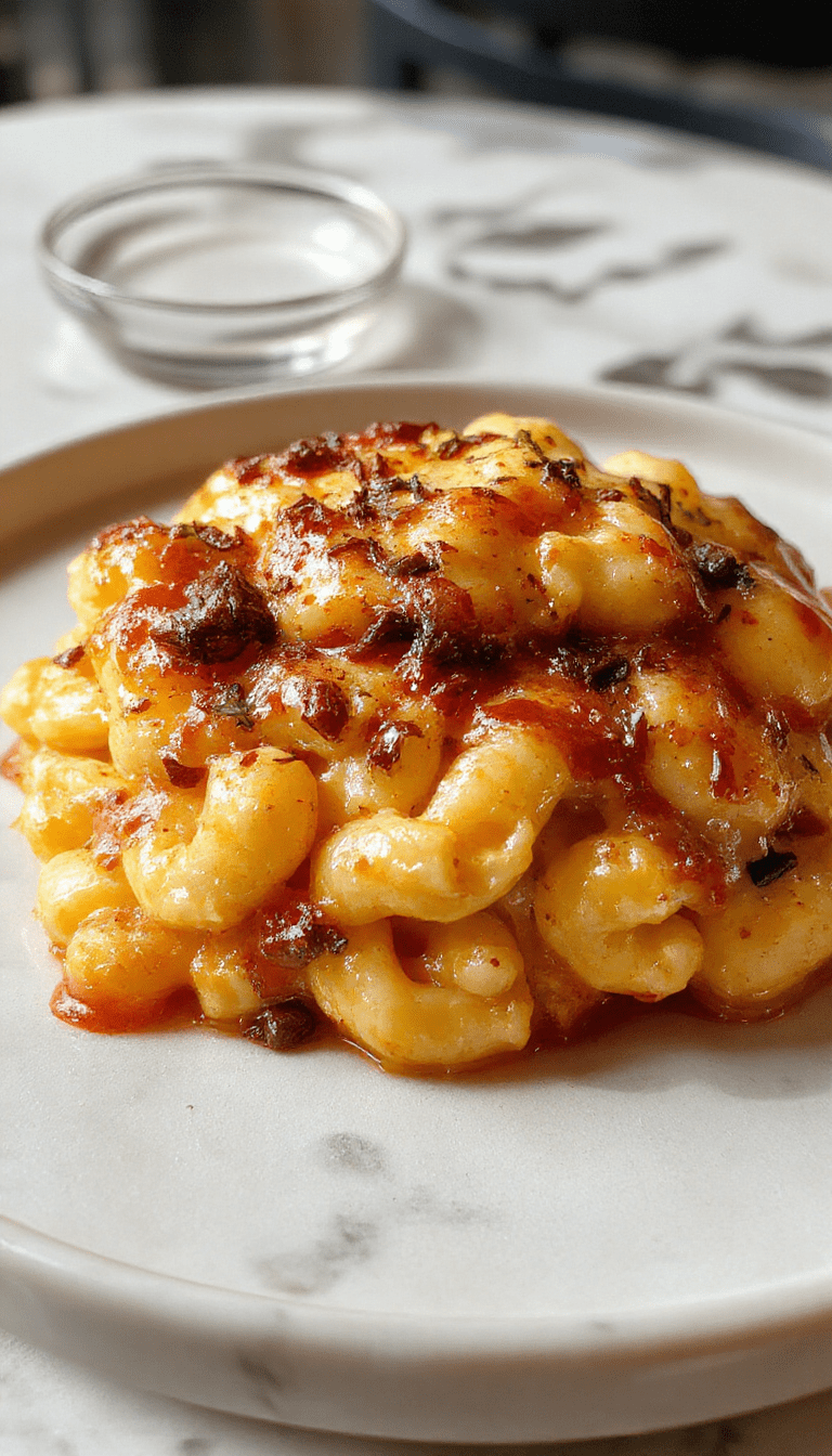 A vibrant plate of Monster Mac and Cheese featuring gooey melted cheese over al dente pasta, topped with crispy breadcrumbs and colorful monster-shaped toppings, served on a rustic white dish with a cheesy sauce drizzling, styled with fresh herbs and a fork ready to dig in, set against a cozy kitchen background.