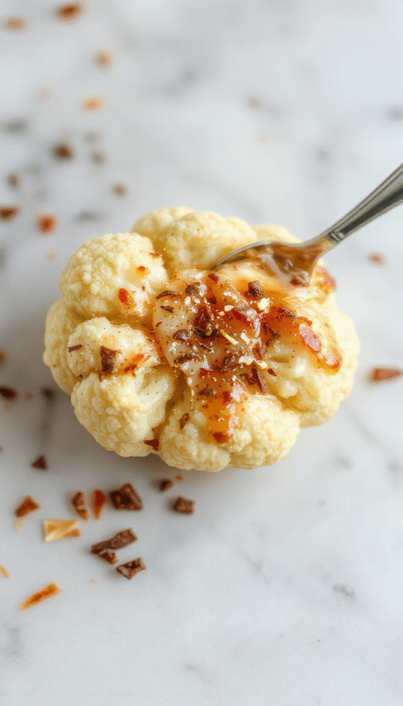 Colorful Moroccan cauliflower dish plated elegantly, with roasted cauliflower florets drizzled with creamy tahini and golden honey, garnished with fresh herbs on a rustic ceramic plate, highlighting textures from crispy edges to velvety sauce, styled with vibrant spices and a touch of greenery for a Mediterranean-inspired presentation.