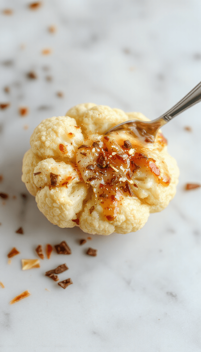 Colorful Moroccan cauliflower dish plated elegantly, with roasted cauliflower florets drizzled with creamy tahini and golden honey, garnished with fresh herbs on a rustic ceramic plate, highlighting textures from crispy edges to velvety sauce, styled with vibrant spices and a touch of greenery for a Mediterranean-inspired presentation.