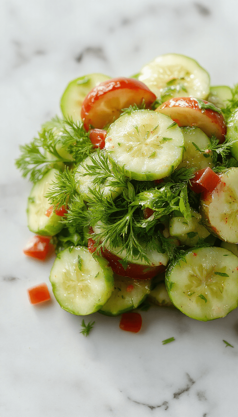 Vibrant cucumber dill salad served in a clear glass bowl, garnished with fresh dill sprigs, showing crisp cucumber slices with a glossy dressing, set against a rustic wooden table with lemon wedges and additional dill for garnish.