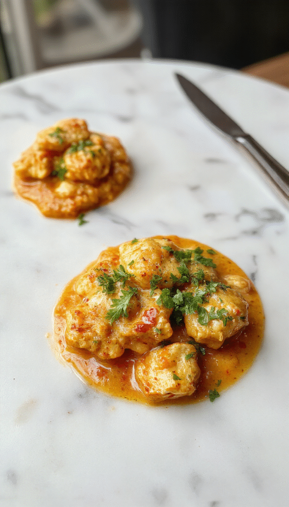 A vibrant bowl of Chicken Korma featuring tender chicken pieces coated in a rich, creamy sauce infused with aromatic spices. The dish is garnished with fresh coriander, served on a stylish plate with a side of basmati rice. The textures of the tender chicken and smooth sauce are visible, highlighting a golden brown hue with hints of red and green from spices and herbs.