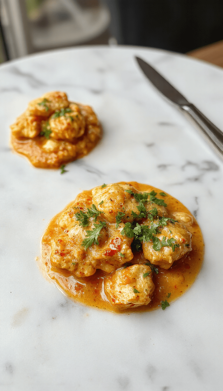 A vibrant bowl of Chicken Korma featuring tender chicken pieces coated in a rich, creamy sauce infused with aromatic spices. The dish is garnished with fresh coriander, served on a stylish plate with a side of basmati rice. The textures of the tender chicken and smooth sauce are visible, highlighting a golden brown hue with hints of red and green from spices and herbs.