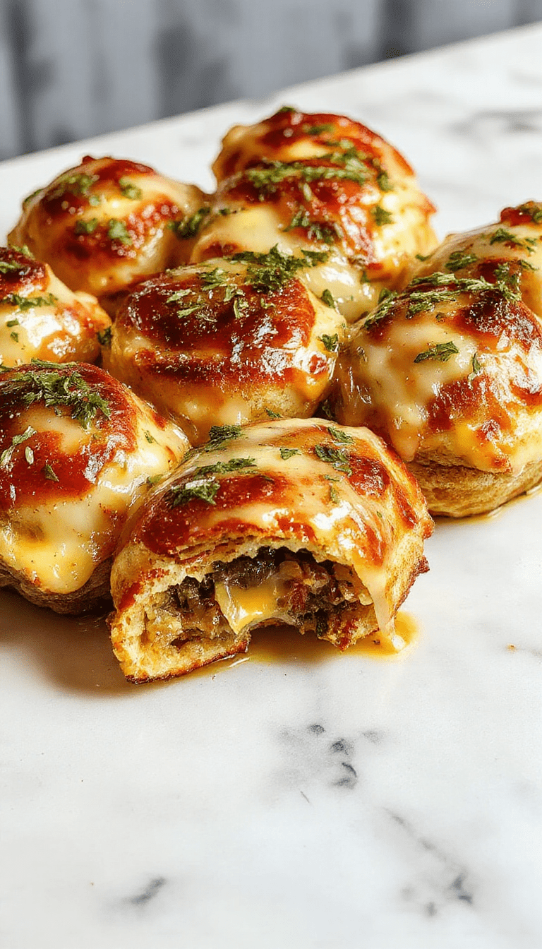 A close-up of golden-brown cheeseburger rollups drizzled with melted cheese, garnished with fresh parsley, presented on a rustic wooden board, showcasing the gooey melted cheese and crispy edges with steam rising from the warm pastry