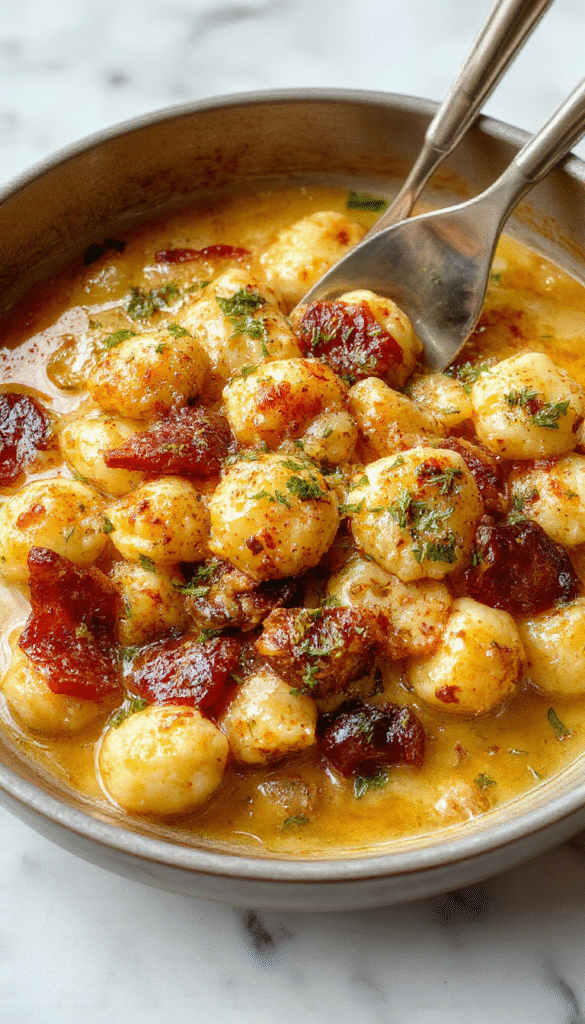 A vibrant plate of golden-brown garlic chicken gnocchi skillet featuring tender chicken pieces nestled among fluffy gnocchi, garnished with freshly chopped parsley and a sprinkle of grated Parmesan cheese, all on a rustic wooden table with a burst of green herbs in the background.
