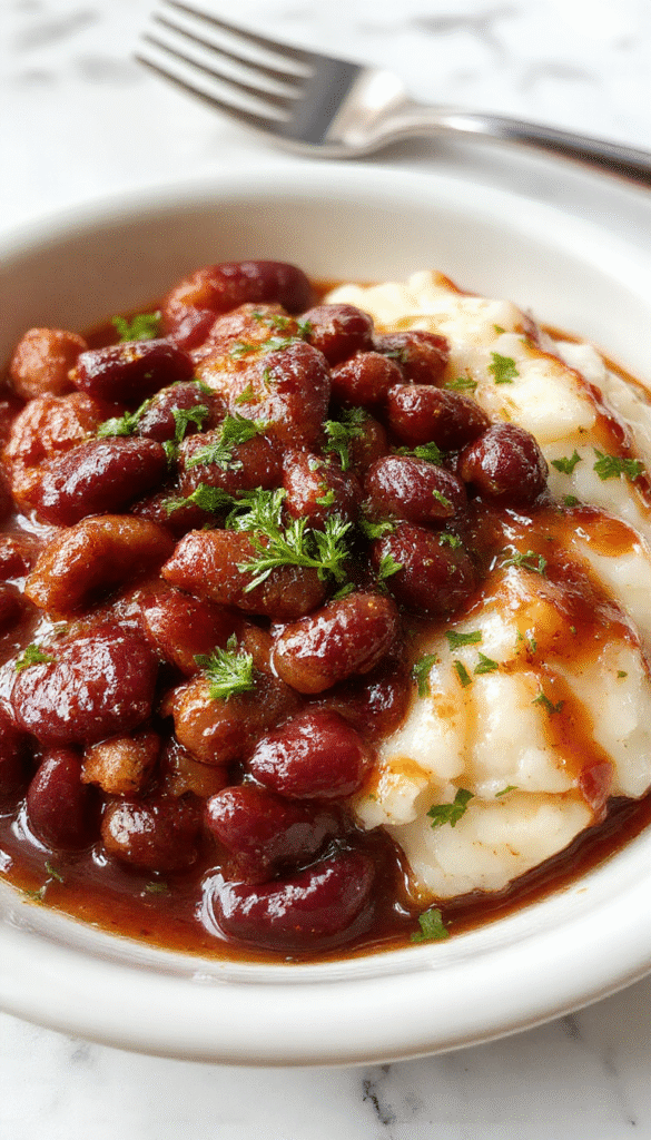 A colorful plate of Louisiana red beans and rice featuring rich red beans cooked with spices, served over fluffy white rice. The dish is garnished with chopped green onions and accompanied by slices of cornbread on a rustic wooden table, showcasing textures from the tender beans to the fluffy rice and crunchy bread.