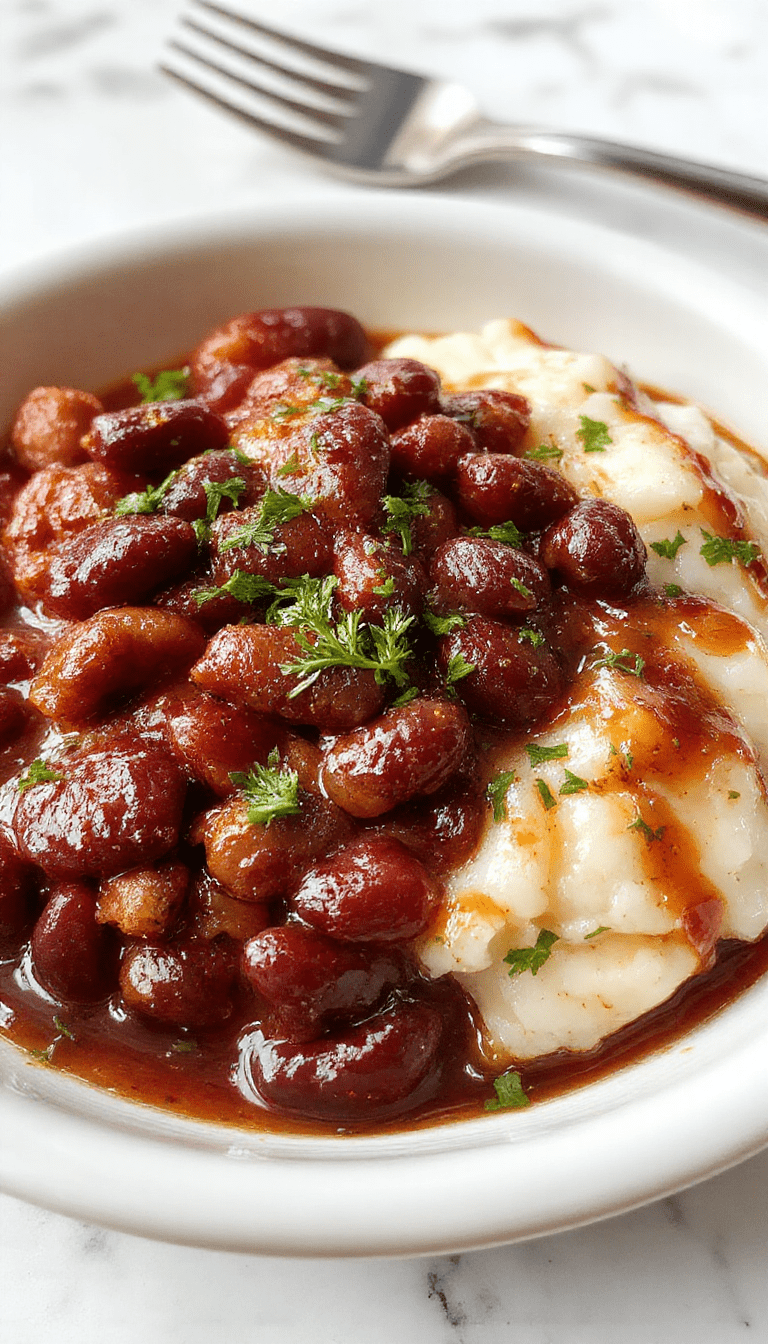 A colorful plate of Louisiana red beans and rice featuring rich red beans cooked with spices, served over fluffy white rice. The dish is garnished with chopped green onions and accompanied by slices of cornbread on a rustic wooden table, showcasing textures from the tender beans to the fluffy rice and crunchy bread.