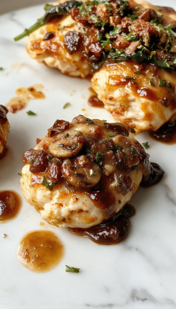A close-up of a sliced mushroom stuffed chicken breast plated elegantly on a white dish, showcasing golden-brown crispy exterior and tender, juicy interior filled with sautéed mushrooms and cheese. Garnished with fresh herbs and served alongside vibrant roasted vegetables, the dish exudes warmth and comfort.