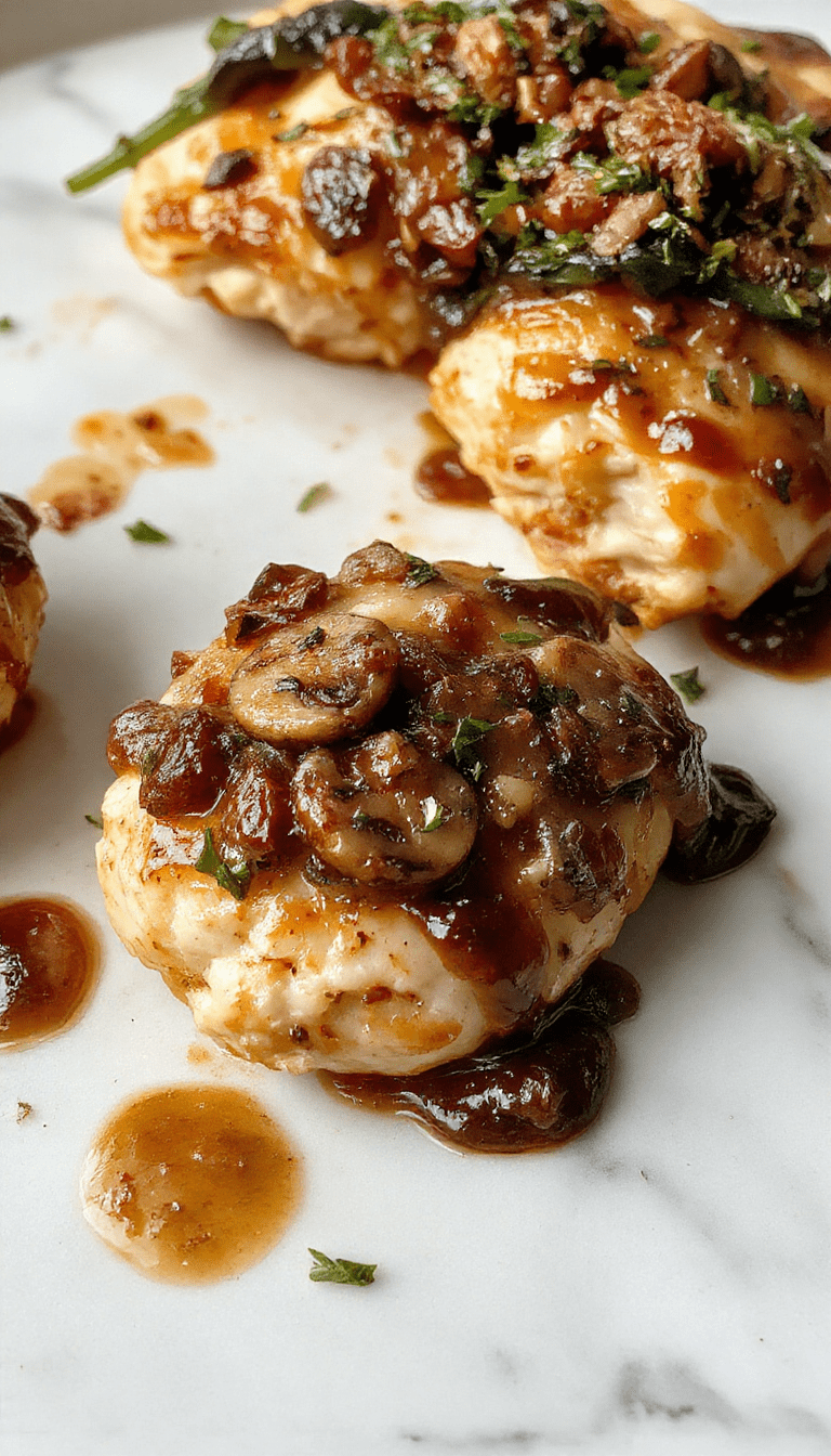 A close-up of a sliced mushroom stuffed chicken breast plated elegantly on a white dish, showcasing golden-brown crispy exterior and tender, juicy interior filled with sautéed mushrooms and cheese. Garnished with fresh herbs and served alongside vibrant roasted vegetables, the dish exudes warmth and comfort.