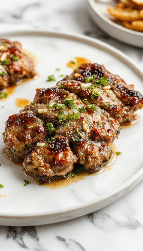 A close-up shot of a beautifully plated pepper steak dish featuring tender slices of beef coated in a glossy, savory pepper sauce. The steak is garnished with freshly chopped green herbs and surrounded by vibrant red and green bell peppers, all on a rustic wooden plate. The textures of juicy meat and crisp peppers are highlighted with soft, natural lighting, emphasizing the flavorful and hearty presentation.