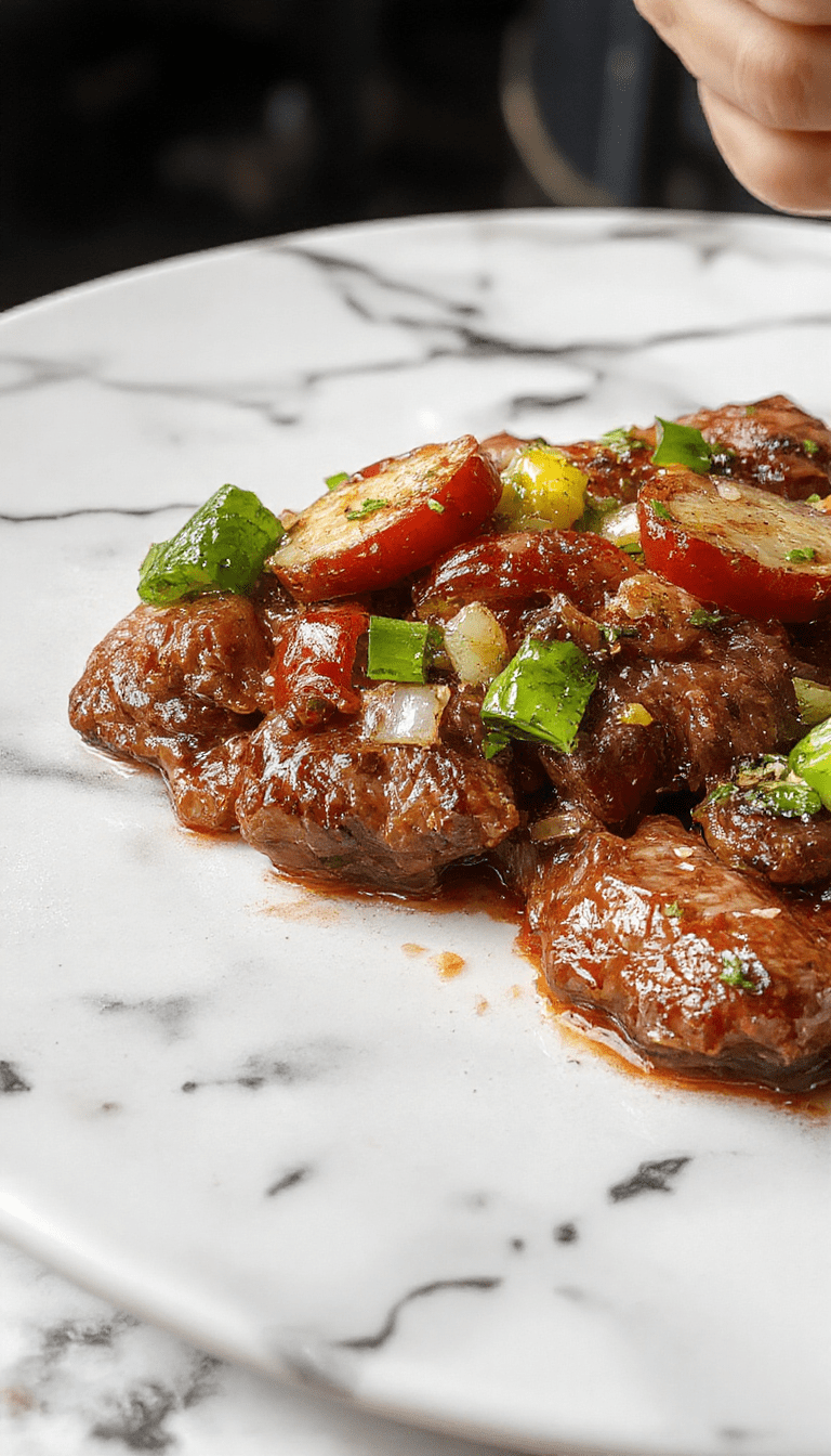 A vibrant plate of pepper steak featuring tender slices of beef cooked with bright red, yellow, and green bell peppers, caramelized onions, and garnished with fresh herbs. The dish is presented on a rustic wooden board with a side of steamed rice, showcasing glossy, juicy textures and vivid colors, styled with a rustic and inviting feel.