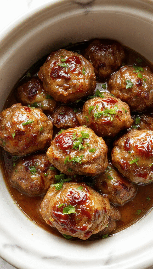 Colorful presentation of slow cooker Salisbury steak meatballs with rich gravy, served on a rustic plate garnished with fresh herbs, showcasing tender beef balls with a savory sauce and side vegetables, styled for a homey and inviting meal.