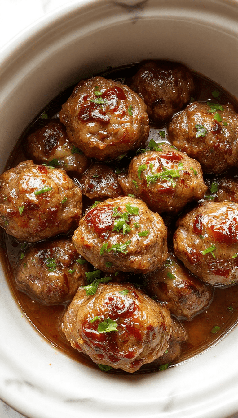Colorful presentation of slow cooker Salisbury steak meatballs with rich gravy, served on a rustic plate garnished with fresh herbs, showcasing tender beef balls with a savory sauce and side vegetables, styled for a homey and inviting meal.