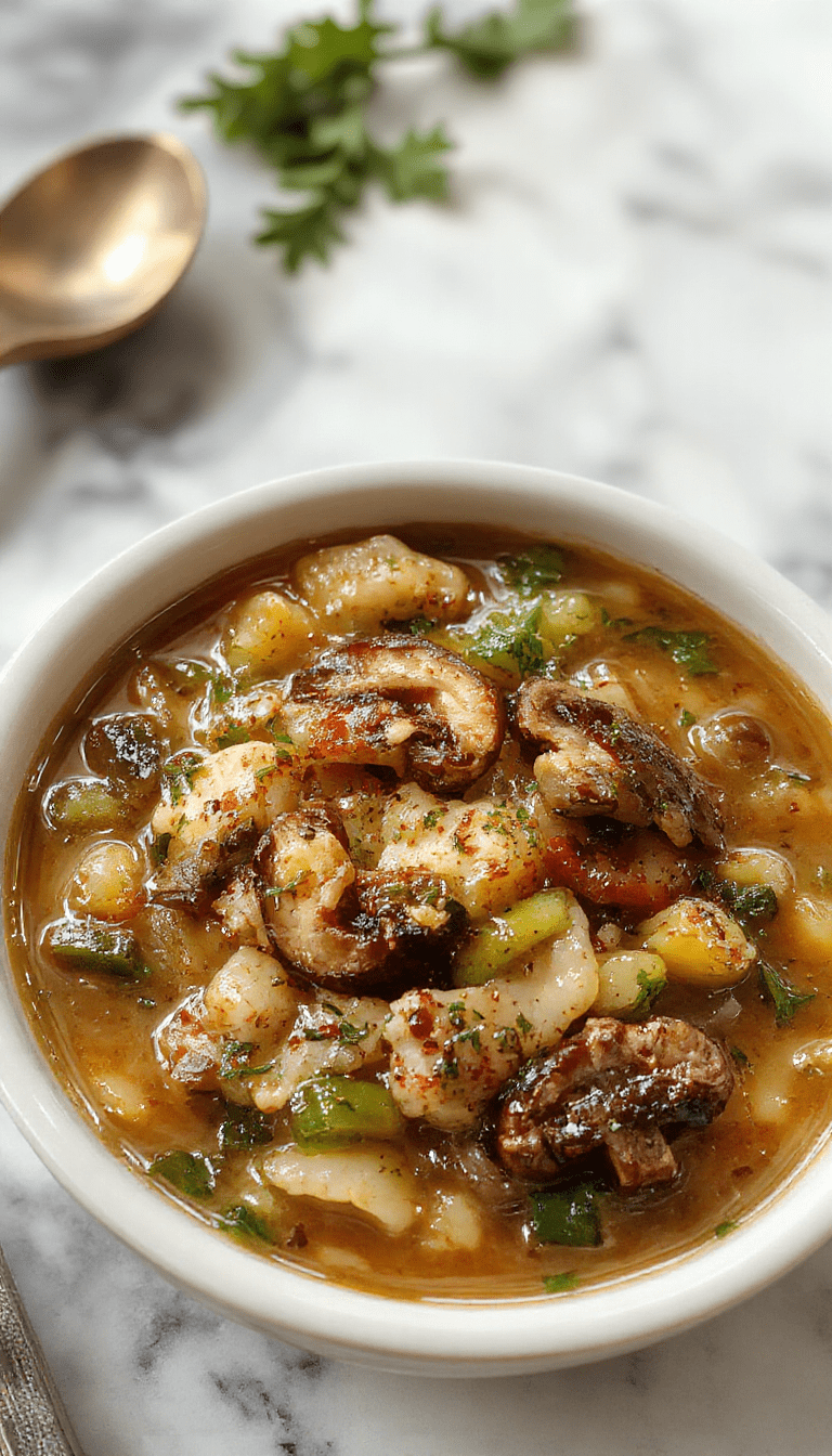 A bowl of hearty wild rice and mushroom soup topped with fresh herbs, placed on a rustic wooden table. The soup features a rich, creamy broth with tender mushrooms, colorful vegetables, and fluffy wild rice. The presentation includes a spoon resting beside the bowl and a sprig of thyme for garnish, with a soft-focus background emphasizing warmth and comfort.
