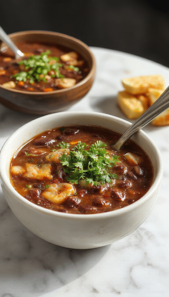 A vibrant bowl of black bean soup featuring rich, dark broth topped with fresh cilantro, diced tomatoes, and a dollop of sour cream. The soup is served in a rustic ceramic bowl on a wooden table, with a slice of crusty bread on the side. The textures of the beans and vegetables are visible, and the dish exudes a warm, inviting feel.