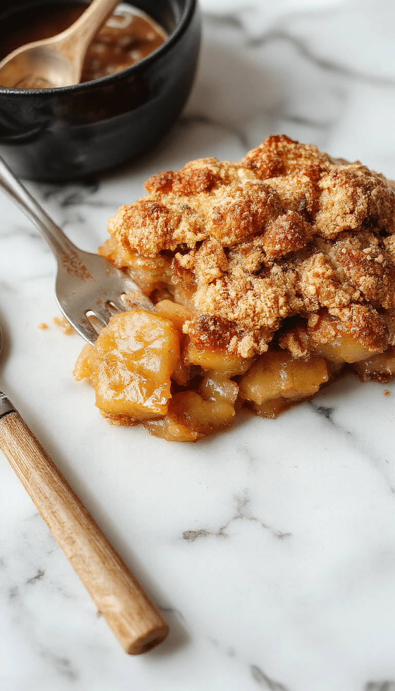 A rustic white plate showcasing a warm, golden-brown apple crisp topped with a hearty scoop of vanilla ice cream melting slightly, garnished with a cinnamon stick and a sprig of mint. The background features a cozy, fall-themed wooden table with chopped apples and cinnamon powder scattered around, evoking comfort and hominess.