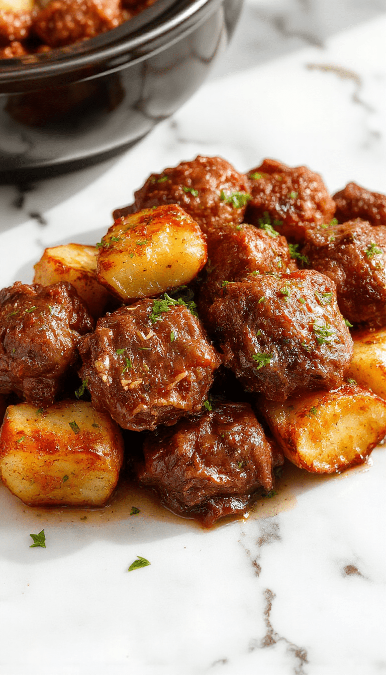 A rustic serving dish featuring tender beef bites glazed in rich garlic butter next to golden roasted potatoes, garnished with fresh herbs and sprinkled with parsley, on a wooden table with warm lighting.