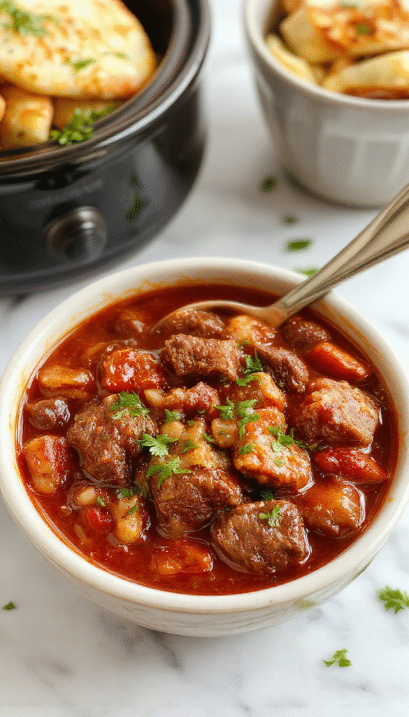A steaming bowl of beef chili garnished with chopped green onions and shredded cheese, served on a rustic wooden table. The chili has a rich, thick texture with chunks of tender beef, kidney beans, and vibrant spices visible. A spoon rests in the bowl, inviting a comforting bite. The background includes nearby ingredients like bell peppers, tomatoes, and fresh herbs, styled in a cozy, homey setting.