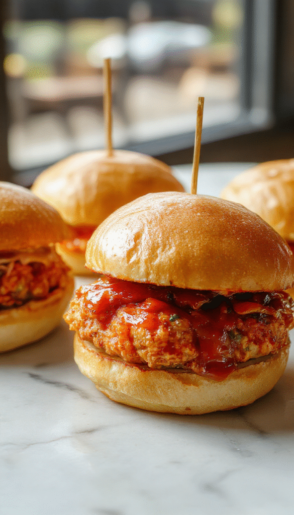 Colorful close-up of crispy chicken slices layered inside soft slider buns topped with spicy bang bang sauce, garnished with green onions and sesame seeds, arranged on a rustic plate with fresh vegetables in the background.