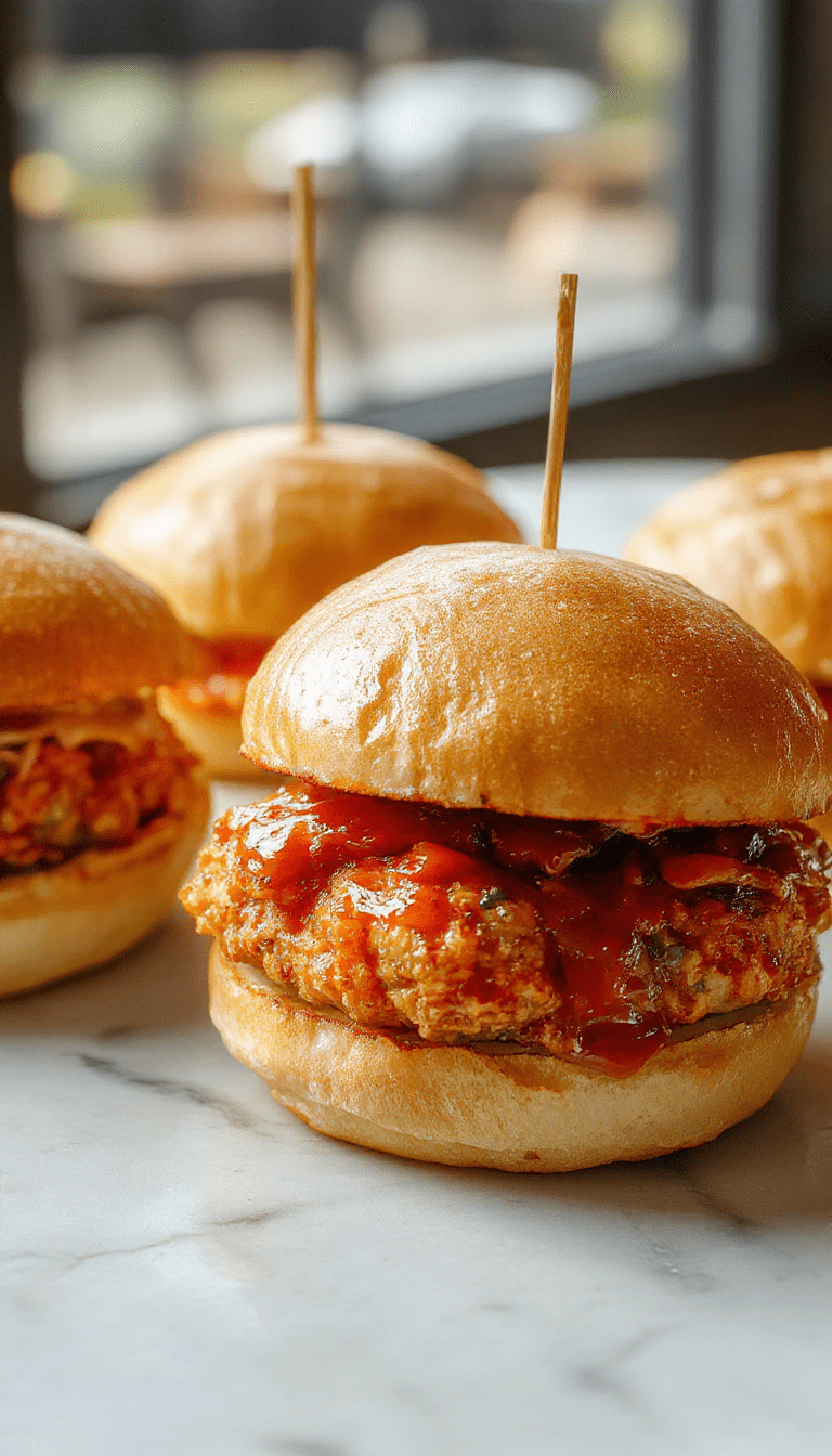 Colorful close-up of crispy chicken slices layered inside soft slider buns topped with spicy bang bang sauce, garnished with green onions and sesame seeds, arranged on a rustic plate with fresh vegetables in the background.
