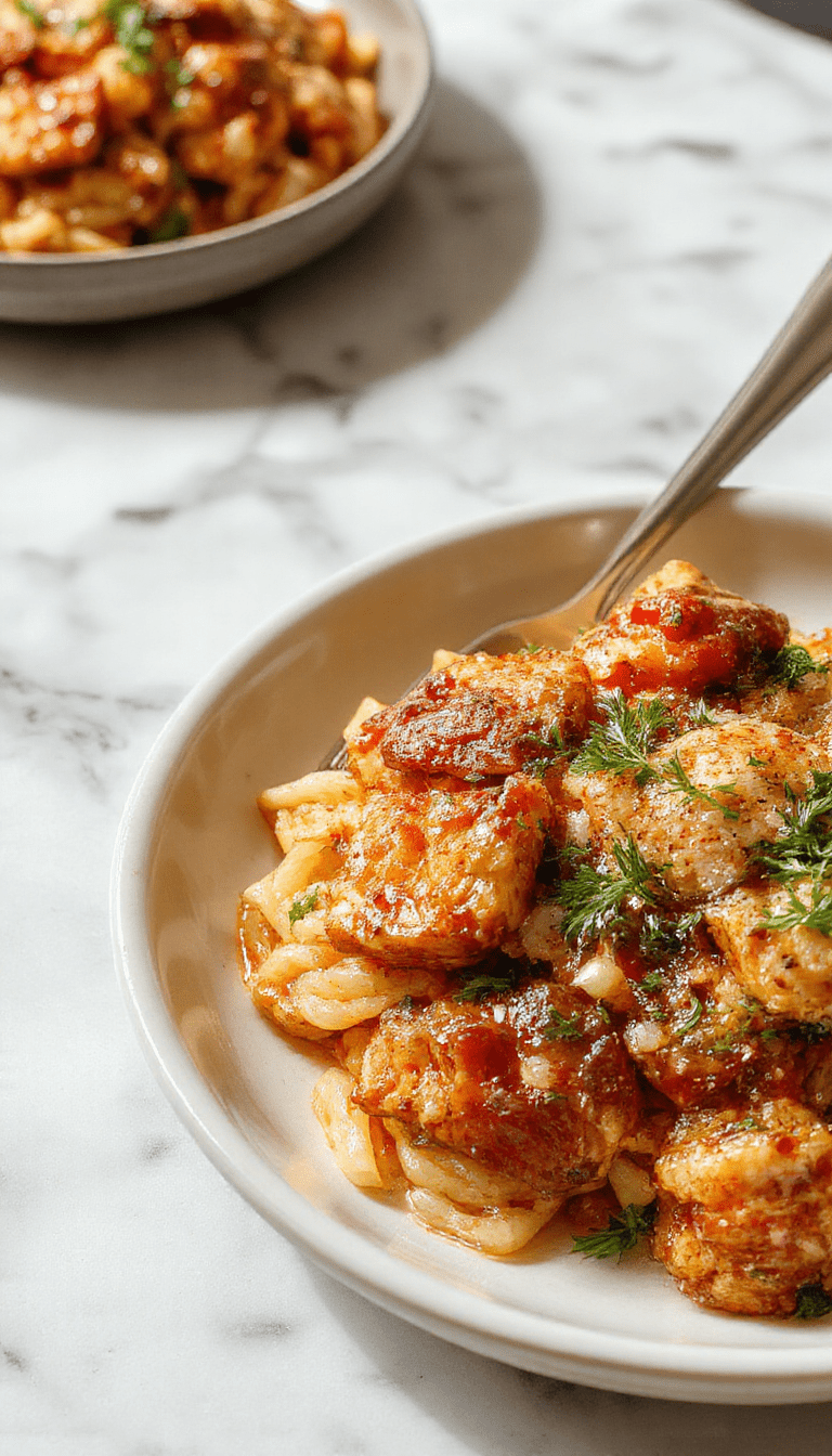 A vibrant plate of Cajun chicken orzo featuring tender grilled chicken pieces tossed with colorful bell peppers, and green herbs, served on a rustic white plate with a side of fresh parsley, showcasing textures of perfectly cooked orzo pasta with a slight smoky, spicy look and glossy sauce, styled simply on a dark wooden table with a hint of paprika sprinkled around.