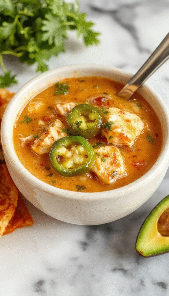 A vibrant bowl of spicy jalapeño chicken soup garnished with fresh cilantro, sliced jalapeños, and shredded cheese, served steaming in a rustic white bowl on a wooden table.