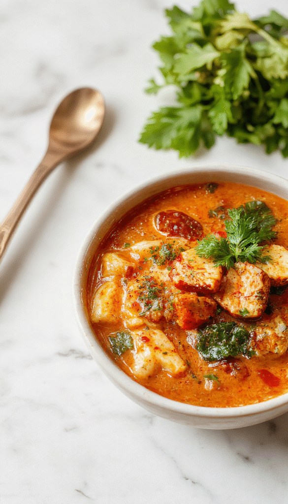 A vibrant bowl of Thai Red Curry Noodle Soup featuring colorful ingredients like red curry broth, rice noodles, bright green basil leaves, and tender vegetables, garnished with red chili slices and lime wedges, styled in a stylish white bowl on a rustic wooden table.
