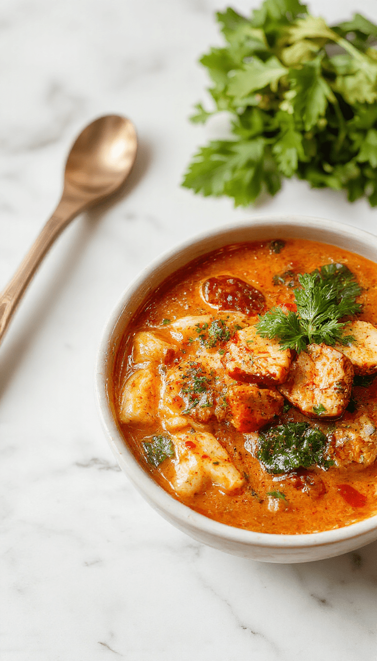 A vibrant bowl of Thai Red Curry Noodle Soup featuring colorful ingredients like red curry broth, rice noodles, bright green basil leaves, and tender vegetables, garnished with red chili slices and lime wedges, styled in a stylish white bowl on a rustic wooden table.