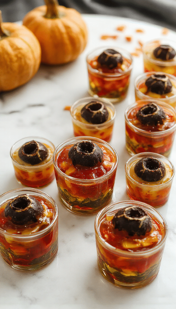 Colorful spooky gelatin shots arranged in a clear tray, each resembling a creepy eyeball with red and white swirls and realistic details, set against a dark Halloween-themed background with eerie lighting.