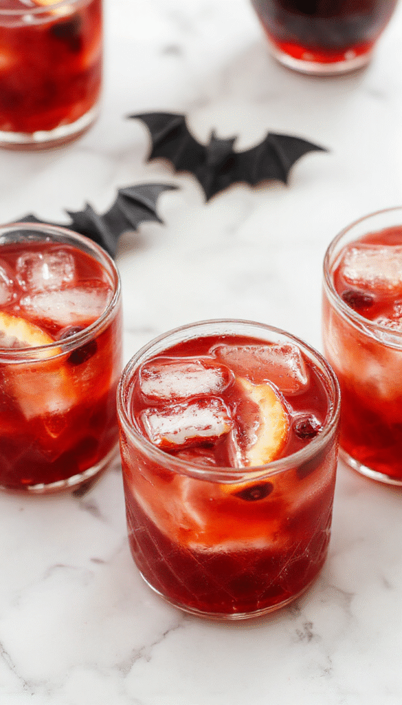 Vibrant Halloween Hocus Pocus Punch in a glass pitcher with a purple and green layered color scheme, garnished with gummy worms and eyeball candies, surrounded by Halloween themed decorations including mini pumpkins and spooky props, with a textured ice cube and bubbling effervescence showing in the clear liquid