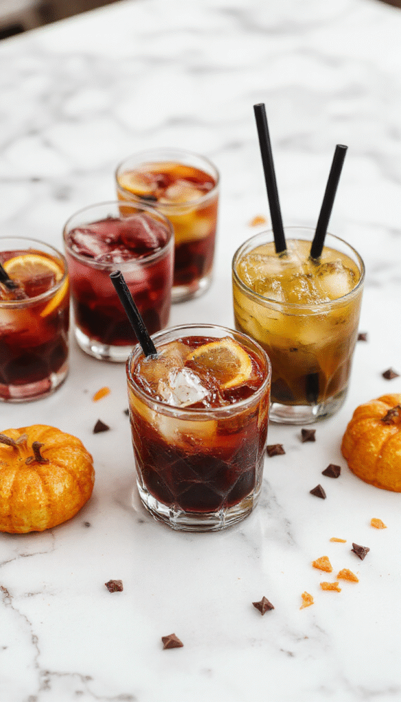 A vibrant array of Halloween-themed drinks displayed on a spooky table with orange, purple, and black decorations. The drinks are in colorful glasses topped with fun garnishes like gummy worms, candy eyeballs, and floating fruit slices, showcasing swirling colors, bubbles, and festive straws. The scene is lively and playful, perfect for a kids' Halloween party.