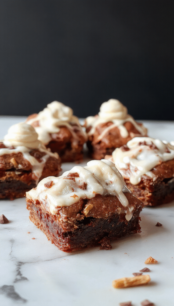 Colorful Halloween-themed brownies decorated as mummies with white icing bandages, googly eyes, and dark chocolate drizzles. The brownies are arranged on a eerie black platter with spooky cobwebs and orange pumpkins in the background, creating a festive and fun atmosphere with textures showing gooey chocolate and smooth icing.