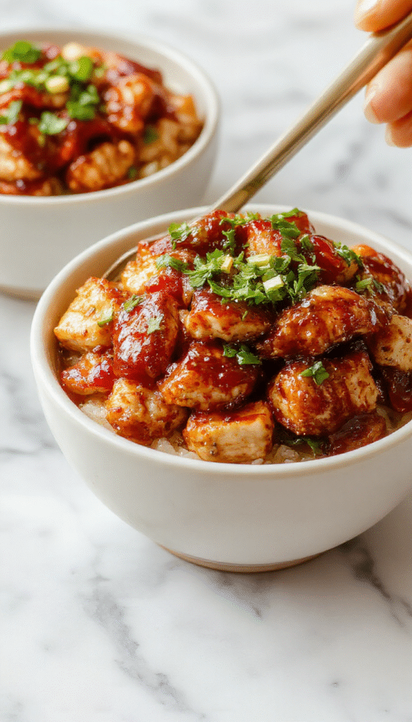 A vibrant and colorful chicken rice bowl featuring tender sticky chicken pieces atop fluffy white rice, garnished with fresh green herbs and drizzled with a savory sauce. The bowl is beautifully plated with a rustic wooden background, highlighting the glossy chicken texture and aromatic ingredients, with aromatic herbs and sauce accents enhancing the visual appeal.