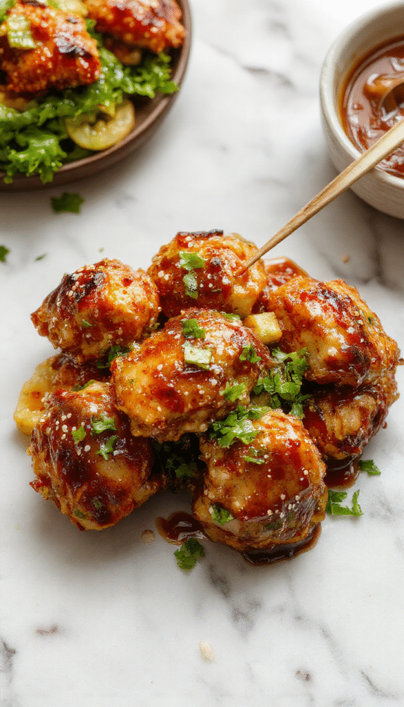 A vibrant plate of crispy sesame chicken served atop steamed white rice, garnished with sesame seeds and chopped green onions. The chicken has a golden-brown, glazed coating with sesame seeds sprinkled generously. The dish is styled on a white plate with a colorful background, emphasizing the glossy sauce and crunchy texture of the chicken.
