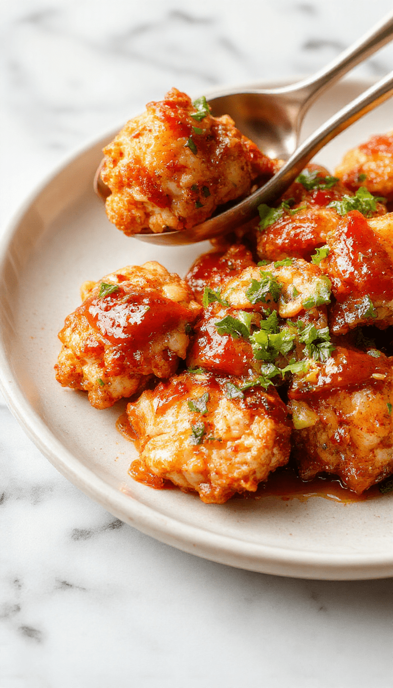 Brightly colored dish featuring golden-brown chicken pieces glazed with a glossy sweet chili sauce, garnished with chopped green onions and sesame seeds, served on a rustic white plate with a vibrant red and orange sauce drizzle, styled with fresh herbs and a side of steamed vegetables, emphasizing textures like crispy chicken and smooth sauce, styled in a modern dining setting.