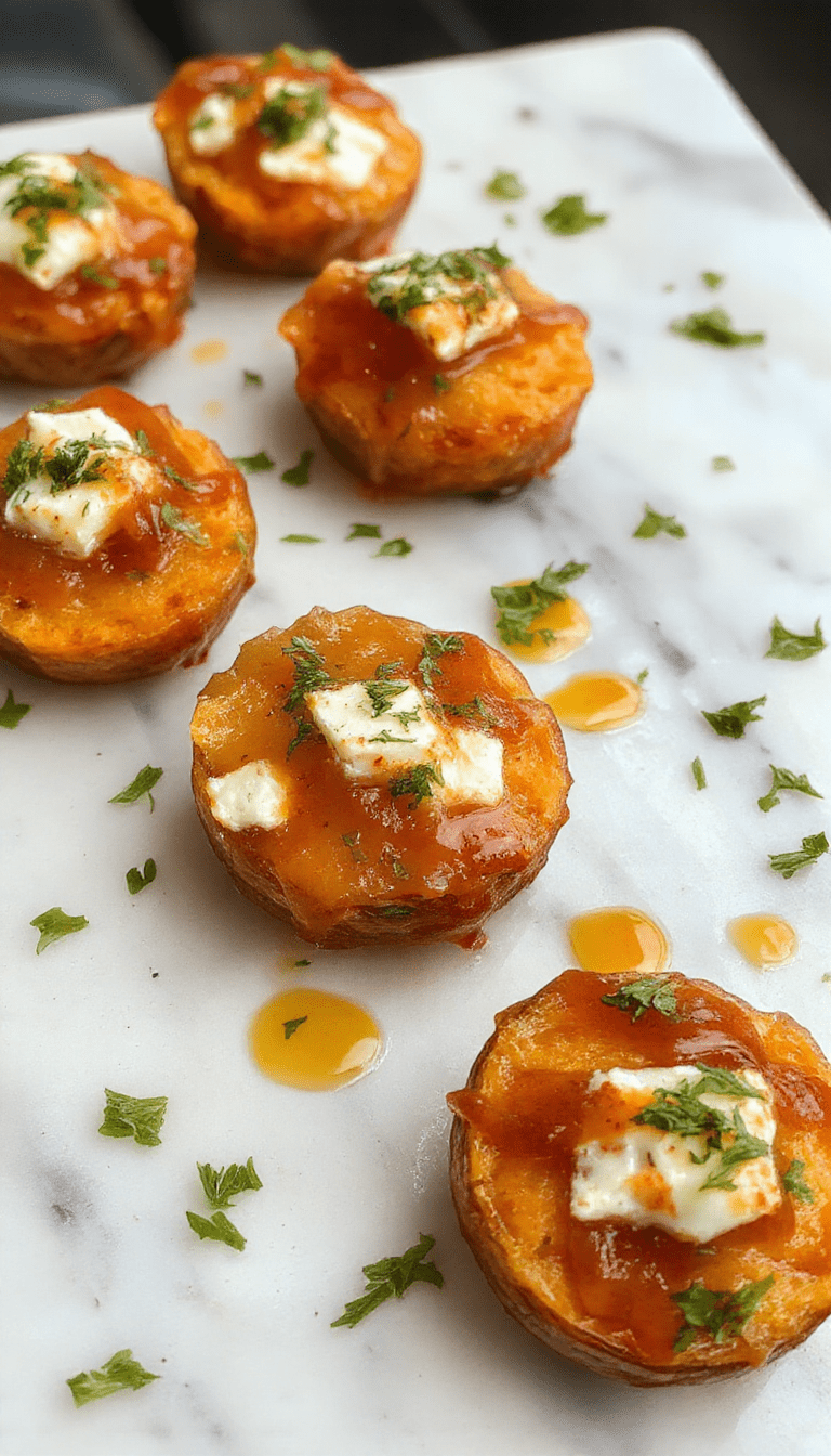 Colorful sweet potato rounds topped with crumbled feta cheese, drizzled with golden honey, arranged on a rustic white plate with fresh herbs, showcasing a vibrant, appetizing presentation with crispy edges and creamy feta for a tempting appetizer or snack.