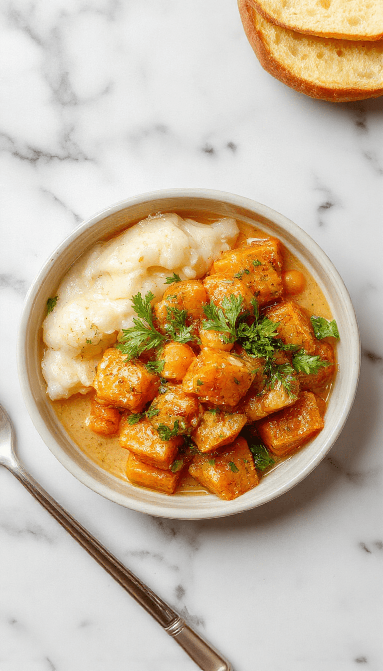 A vibrant bowl of sweet potato and chickpea curry with rich orange and creamy beige colors, garnished with fresh cilantro and served with fluffy rice on a rustic wooden table, showcasing textures of tender sweet potatoes, creamy chickpeas, and a glossy curry sauce.