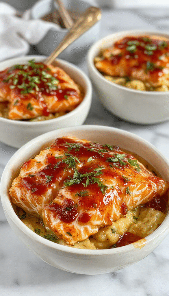 Vibrant honey glazed salmon fillet atop a bowl filled with colorful vegetables and rice. The salmon has a glossy caramelized surface with a golden hue, garnished with green herbs. The bowl features fresh cherry tomatoes, crisp greens, and fluffy rice, styled with a modern, clean aesthetic on a rustic wooden table, emphasizing freshness and flavor.