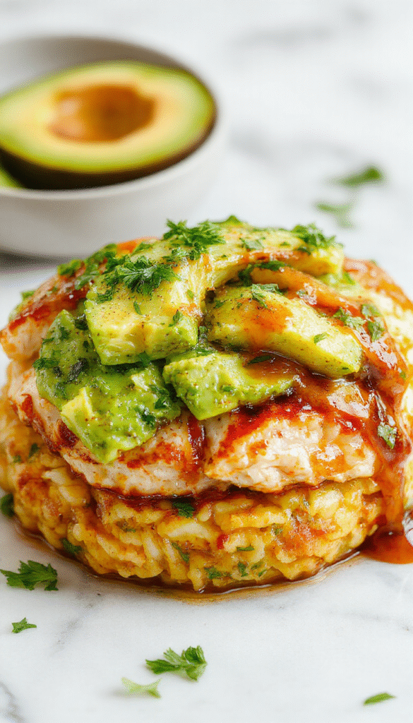 A vibrant plate featuring a layered rice stack topped with grilled honey lime chicken, ripe avocado slices, and fresh lime wedges. The dish showcases contrasting colors with golden-brown chicken, bright green avocado, and fluffy white rice, garnished with fresh cilantro and lime zest. The presentation is on a rustic wooden table with a soft, natural light highlighting the textures and fresh ingredients.