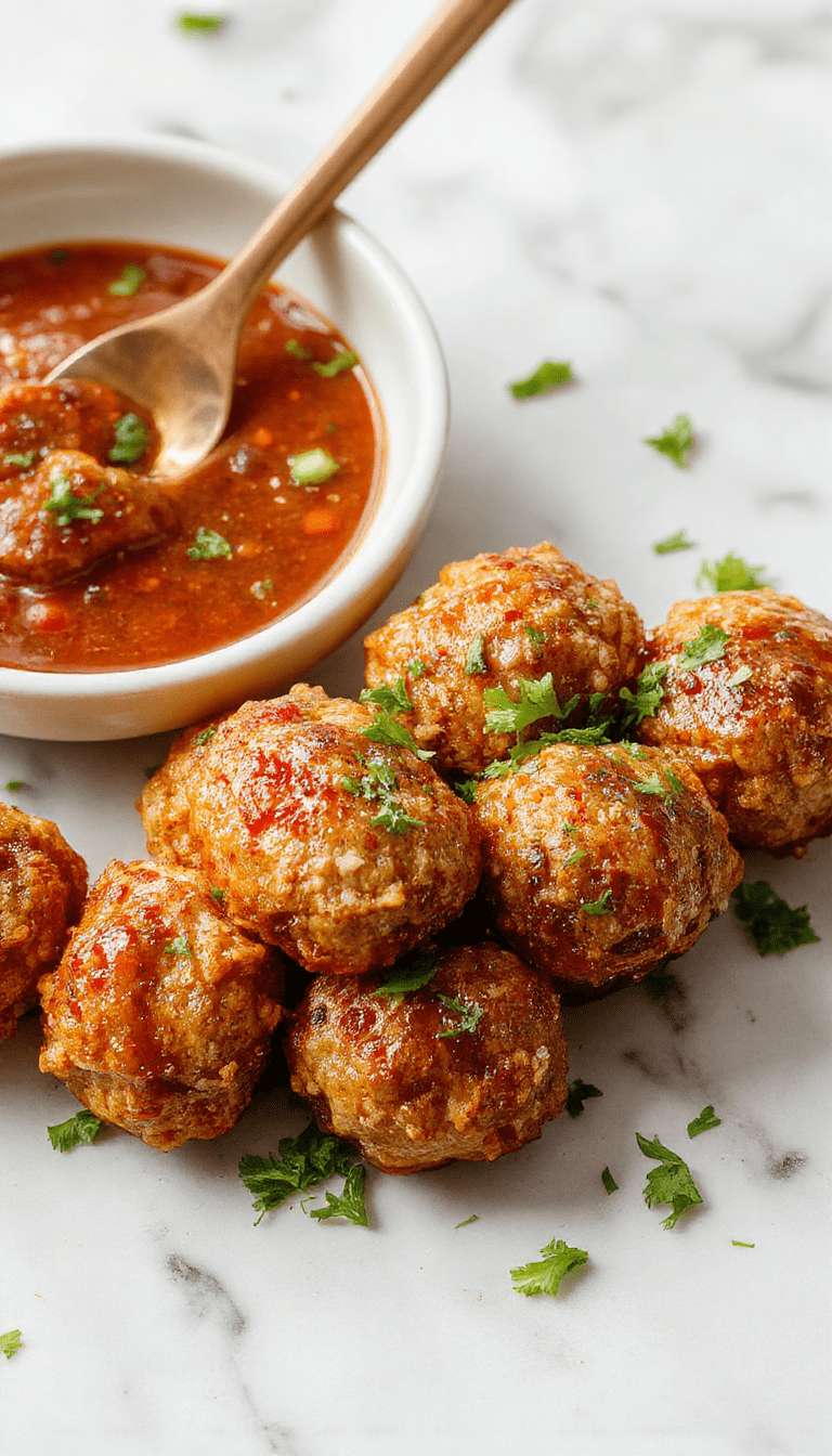 Colorful Asian turkey meatballs arranged on a sleek white plate, glazed with a glossy sweet and spicy sauce, garnished with chopped green onions and sesame seeds, highlighting the tender meatball texture and vibrant flavors.